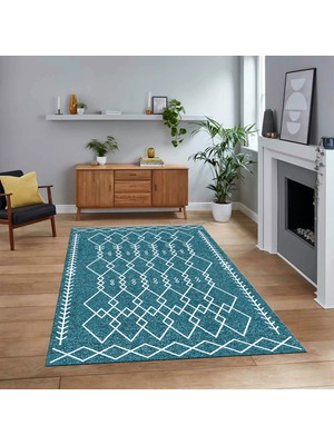Viyana Home Dijital Baskılı Kaymaz Yıkanabilir Iskandinav Desen Yolluk Salon Halısı, V-Iskandinav-17-Turkuaz,