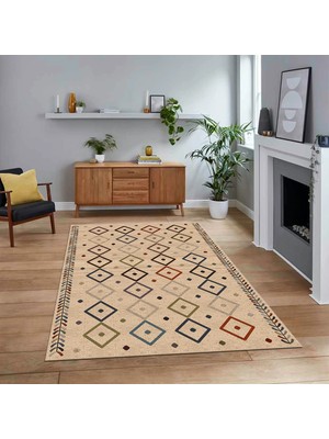 Viyana Home Dijital Baskılı Kaymaz Yıkanabilir Iskandinav Desen Yolluk Salon Halısı, V-Iskandinav-21-Bej,