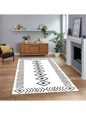 Viyana Home Dijital Baskılı Kaymaz Yıkanabilir Iskandinav Desen Yolluk Salon Halısı, V-Iskandinav-03-Beyaz,