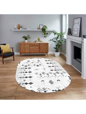 Viyana Home Dijital Kaymaz Yıkanabilir Oval Iskandinav Desen Yolluk Salon Halısı, V-O-Iskandinav-24-Beyaz,