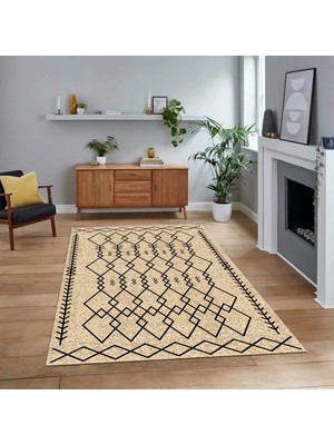 Viyana Home Dijital Baskılı Kaymaz Yıkanabilir Iskandinav Desen Yolluk Salon Halısı, V-Iskandinav-17-Bej,