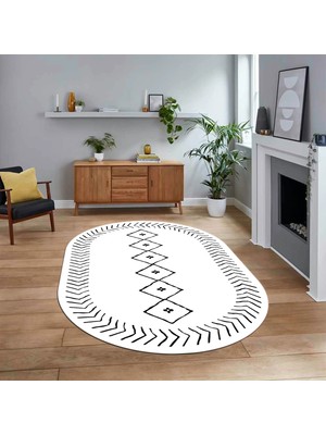 Viyana Home Dijital Kaymaz Yıkanabilir Oval Iskandinav Desen Yolluk Salon Halısı, V-O-Iskandinav-02-Beyaz,