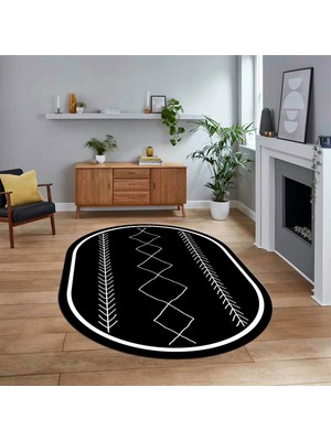 Viyana Home Dijital Kaymaz Yıkanabilir Oval Iskandinav Desen Yolluk Salon Halısı, V-O-Iskandinav-01-Siyah,