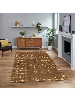 Viyana Home Dijital Baskılı Kaymaz Yıkanabilir Iskandinav Desen Yolluk Salon Halısı, V-Iskandinav-24-Kahve,