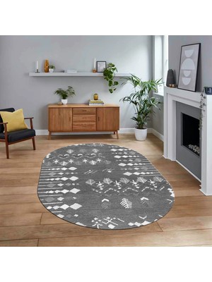 Viyana Home Dijital Kaymaz Yıkanabilir Oval Iskandinav Desen Yolluk Salon Halısı, V-O-Iskandinav-24-Gri,
