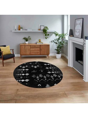 Viyana Home Dijital Kaymaz Yıkanabilir Yuvarlak Iskandinav Desen Salon Halısı, V-Y-Iskandinav-24-Siyah,