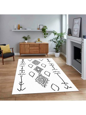 Viyana Home Dijital Baskılı Kaymaz Yıkanabilir Iskandinav Desen Yolluk Salon Halısı, V-Iskandinav-26-Beyaz,