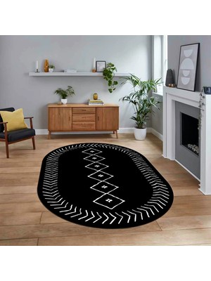 Viyana Home Dijital Kaymaz Yıkanabilir Oval Iskandinav Desen Yolluk Salon Halısı, V-O-Iskandinav-02-Siyah,