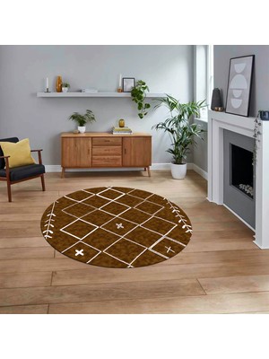 Viyana Home Dijital Kaymaz Yıkanabilir Yuvarlak Iskandinav Desen Salon Halısı, V-Y-Iskandinav-18-Kahve,
