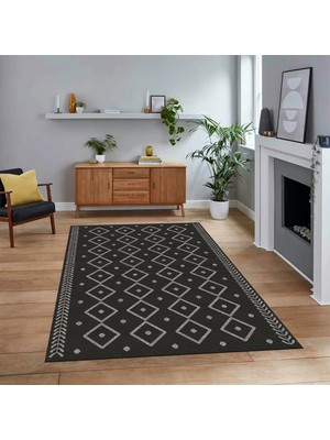 Viyana Home Dijital Baskılı Kaymaz Yıkanabilir Iskandinav Desen Yolluk Salon Halısı, V-Iskandinav-21-Siyah,