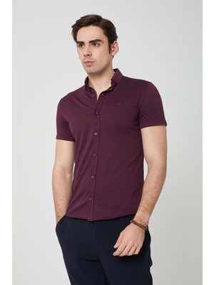 Olivia Coonless Erkek Kısa Kol Slim Fit Bordo Gömlek