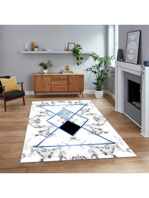 Viyana Home Dijital Baskılı Kaymaz Taban Yıkanabilir Mermer Desen Mutfak Salon Halısı, V-Mermer-20-Mavi,