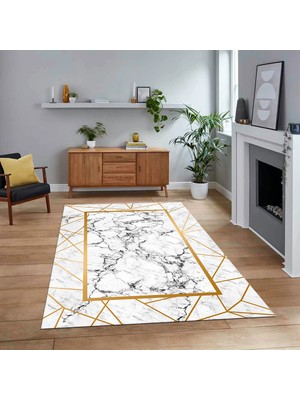Viyana Home Dijital Baskılı Kaymaz Taban Yıkanabilir Mermer Desen Mutfak Salon Halısı, V-Mermer-11-Gold,