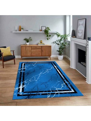 Viyana Home Dijital Baskılı Kaymaz Taban Yıkanabilir Mermer Desen Mutfak Salon Halısı, V-Mermer-08-Mavi,