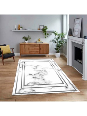 Viyana Home Dijital Baskılı Kaymaz Taban Yıkanabilir Mermer Desen Mutfak Salon Halısı, V-Mermer-05-Gri,