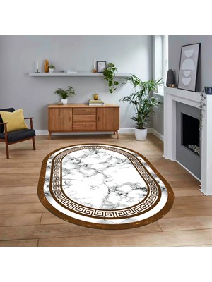 Viyana Home Dijital Kaymaz Taban Yıkanabilir Oval Mermer Desen Mutfak Salon Halısı, V-O-Mermer-21-Kahve,