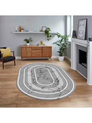 Viyana Home Dijital Kaymaz Taban Yıkanabilir Oval Mermer Desen Mutfak Salon Halısı, V-O-Mermer-16-Gri,