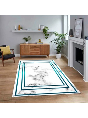 Viyana Home Dijital Baskılı Kaymaz Taban Yıkanabilir Mermer Desen Mutfak Salon Halısı, V-Mermer-05-Mavi,