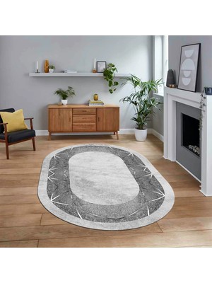 Viyana Home Dijital Kaymaz Taban Yıkanabilir Oval Mermer Desen Mutfak Salon Halısı, V-O-Mermer-13-Gri,
