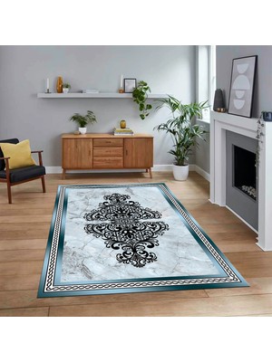 Viyana Home Dijital Baskılı Kaymaz Taban Yıkanabilir Mermer Desen Mutfak Salon Halısı, V-Mermer-09-Mavi,