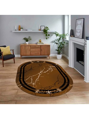 Viyana Home Dijital Kaymaz Taban Yıkanabilir Oval Mermer Desen Mutfak Salon Halısı, V-O-Mermer-08-Kahve,