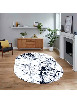 Viyana Home Dijital Kaymaz Taban Yıkanabilir Oval Mermer Desen Mutfak Salon Halısı, V-O-Mermer-27-Mavi,