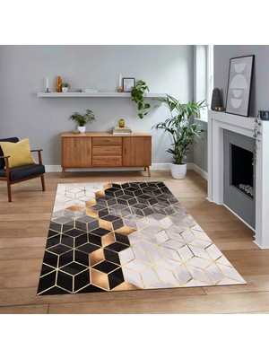 Viyana Home Dijital Baskılı Kaymaz Taban Yıkanabilir Mermer Desen Mutfak Salon Halısı, V-Mermer-19-Gold,