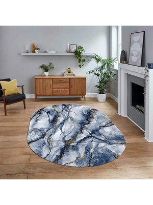 Viyana Home Dijital Kaymaz Taban Yıkanabilir Oval Mermer Desen Mutfak Salon Halısı, V-O-Mermer-02-Mavi,