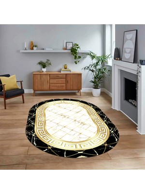 Viyana Home Dijital Kaymaz Taban Yıkanabilir Oval Mermer Desen Mutfak Salon Halısı, V-O-Mermer-18-Gold,
