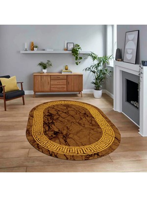 Viyana Home Dijital Kaymaz Taban Yıkanabilir Oval Mermer Desen Mutfak Salon Halısı, V-O-Mermer-12-Kahve,