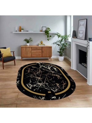 Viyana Home Dijital Kaymaz Taban Yıkanabilir Oval Mermer Desen Mutfak Salon Halısı, V-O-Mermer-07-Siyah,