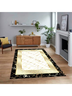 Viyana Home Dijital Baskılı Kaymaz Taban Yıkanabilir Mermer Desen Mutfak Salon Halısı, V-Mermer-18-Gold,
