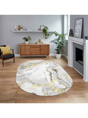 Viyana Home Dijital Kaymaz Taban Yıkanabilir Oval Mermer Desen Mutfak Salon Halısı, V-O-Mermer-26-Gold,