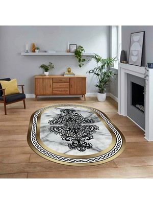 Viyana Home Dijital Kaymaz Taban Yıkanabilir Oval Mermer Desen Mutfak Salon Halısı, V-O-Mermer-09-Gold,