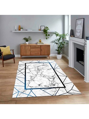 Viyana Home Dijital Baskılı Kaymaz Taban Yıkanabilir Mermer Desen Mutfak Salon Halısı, V-Mermer-11-Mavi,