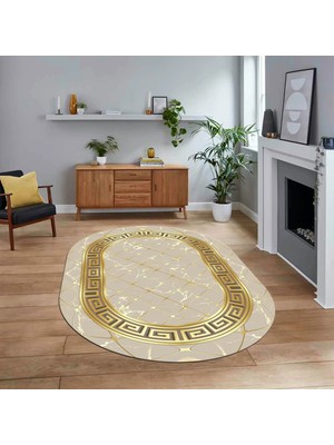 Viyana Home Dijital Kaymaz Taban Yıkanabilir Oval Mermer Desen Mutfak Salon Halısı, V-O-Mermer-18-Vizon,