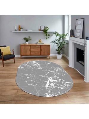 Viyana Home Dijital Kaymaz Taban Yıkanabilir Oval Mermer Desen Mutfak Salon Halısı, V-O-Mermer-27-Gri,