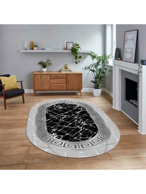 Viyana Home Dijital Kaymaz Taban Yıkanabilir Oval Mermer Desen Mutfak Salon Halısı, V-O-Mermer-18-Gri,