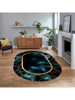 Viyana Home Dijital Kaymaz Taban Yıkanabilir Oval Mermer Desen Mutfak Salon Halısı, V-O-Mermer-24-Mavi,