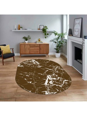 Viyana Home Dijital Kaymaz Taban Yıkanabilir Oval Mermer Desen Mutfak Salon Halısı, V-O-Mermer-27-Kahve,