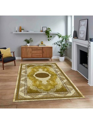 Viyana Home Dijital Baskılı Kaymaz Taban Yıkanabilir Klasik Desen Yolluk Salon Halısı, V-Klasik-24-Sarı,