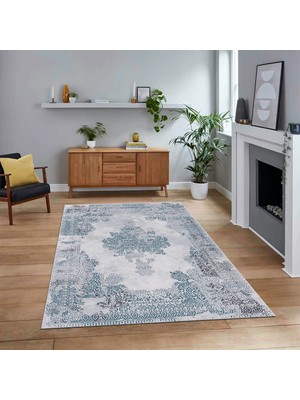 Viyana Home Dijital Baskılı Kaymaz Taban Yıkanabilir Klasik Desen Yolluk Salon Halısı, V-Klasik-22-Mavi,