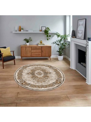 Viyana Home Dijital Kaymaz Taban Yıkanabilir Yuvarlak Klasik Desen Mutfak Salon Halısı, V-Y-Klasik-29-Kahve,