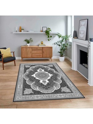 Viyana Home Dijital Baskılı Kaymaz Taban Yıkanabilir Klasik Desen Yolluk Salon Halısı, V-Klasik-02-Antrasit,