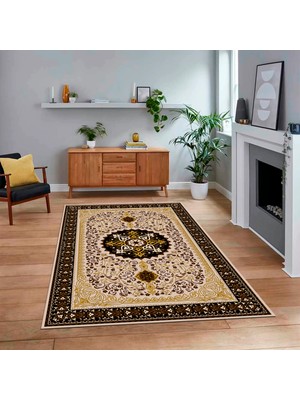 Viyana Home Dijital Baskılı Kaymaz Taban Yıkanabilir Klasik Desen Yolluk Salon Halısı, V-Klasik-27-Kahve,