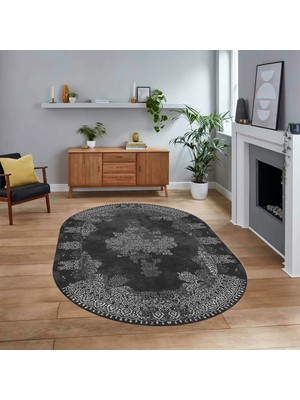 Viyana Home Dijital Kaymaz Taban Yıkanabilir Oval Klasik Desen Yolluk Salon Halısı, V-O-Klasik-22-Antrasit,