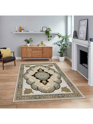 Viyana Home Dijital Baskılı Kaymaz Taban Yıkanabilir Klasik Desen Yolluk Salon Halısı, V-Klasik-02-Yeşil,