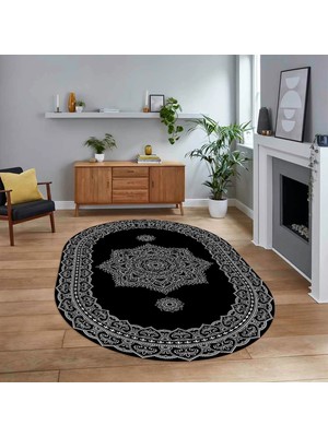 Viyana Home Dijital Kaymaz Taban Yıkanabilir Oval Klasik Desen Yolluk Salon Halısı, V-O-Klasik-30-Siyah,