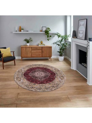 Viyana Home Dijital Kaymaz Taban Yıkanabilir Yuvarlak Klasik Desen Mutfak Salon Halısı, V-Y-Klasik-07-Bordo,