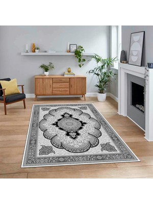 Viyana Home Dijital Baskılı Kaymaz Taban Yıkanabilir Klasik Desen Yolluk Salon Halısı, V-Klasik-02-Gri,